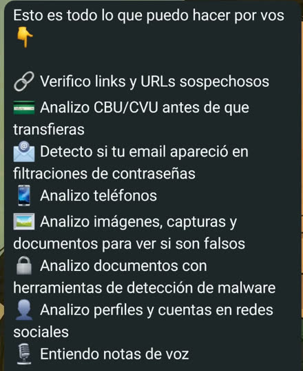 Mensaje de Vera con todo lo que puede revisar: links, CBU, mails filtrados, teléfonos, imágenes, documentos, perfiles y notas de voz
