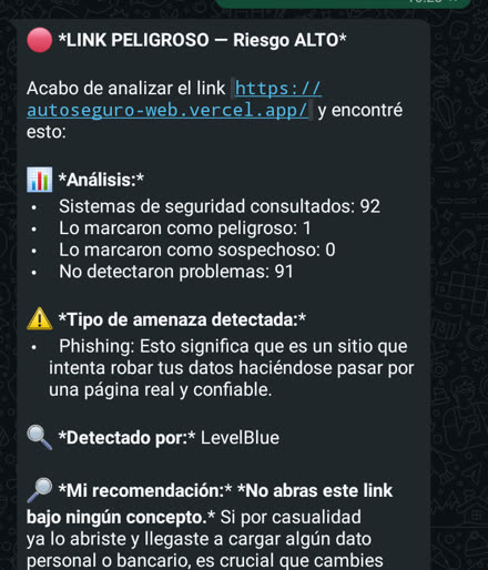 Respuesta real de Vera analizando un link de phishing: lo revisaron 92 sistemas de seguridad