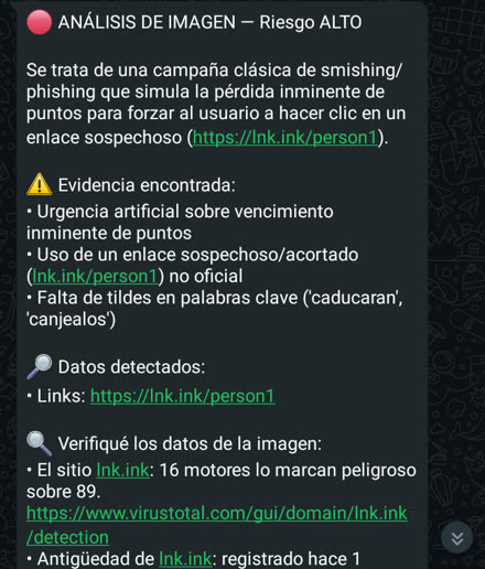 Respuesta real de Vera a un mensaje de puntos que vencen: riesgo alto, smishing, 16 de 89 antivirus marcan el link como peligroso